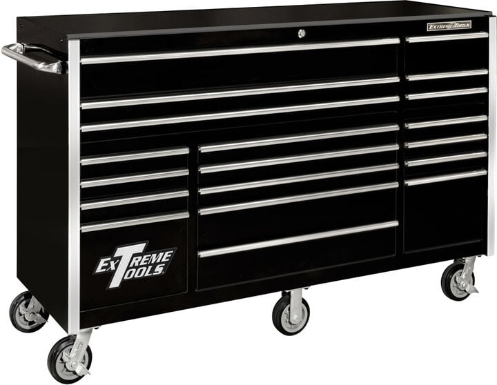 Extreme Tools RX Series 72 Inch W x 25 Inch D 19 Drawer Triple Bank Roller Cabinet 150 lb Slides Black with Chrome Drawer Pulls, large image number 0