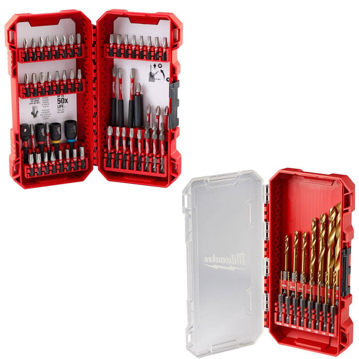 Milwaukee SHOCKWAVE 54PC Impact Duty Driver Bit Set and RED HELIX 15PC Titanium Drill Bit Set Bundle
