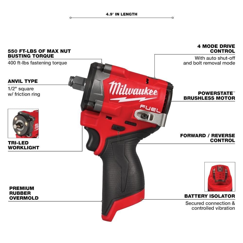 Milwaukee M12 FUEL Stubby 1/2 Inch Impact Wrench (Bare Tool), large image number 3