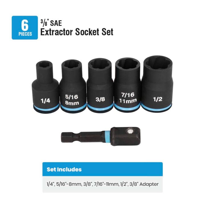 Spyder 3/8 Inch Drive SAE/Metric Extractor Impact Socket Set with Adapter, 6 Pieces, large image number 2