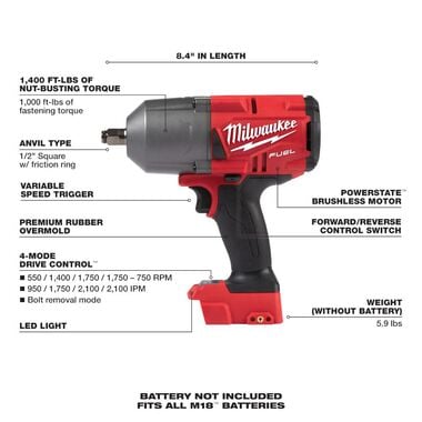 Milwaukee M18 FUEL 1/2 In. High Torque Impact Wrench with Friction Ring (Bare Tool), large image number 6