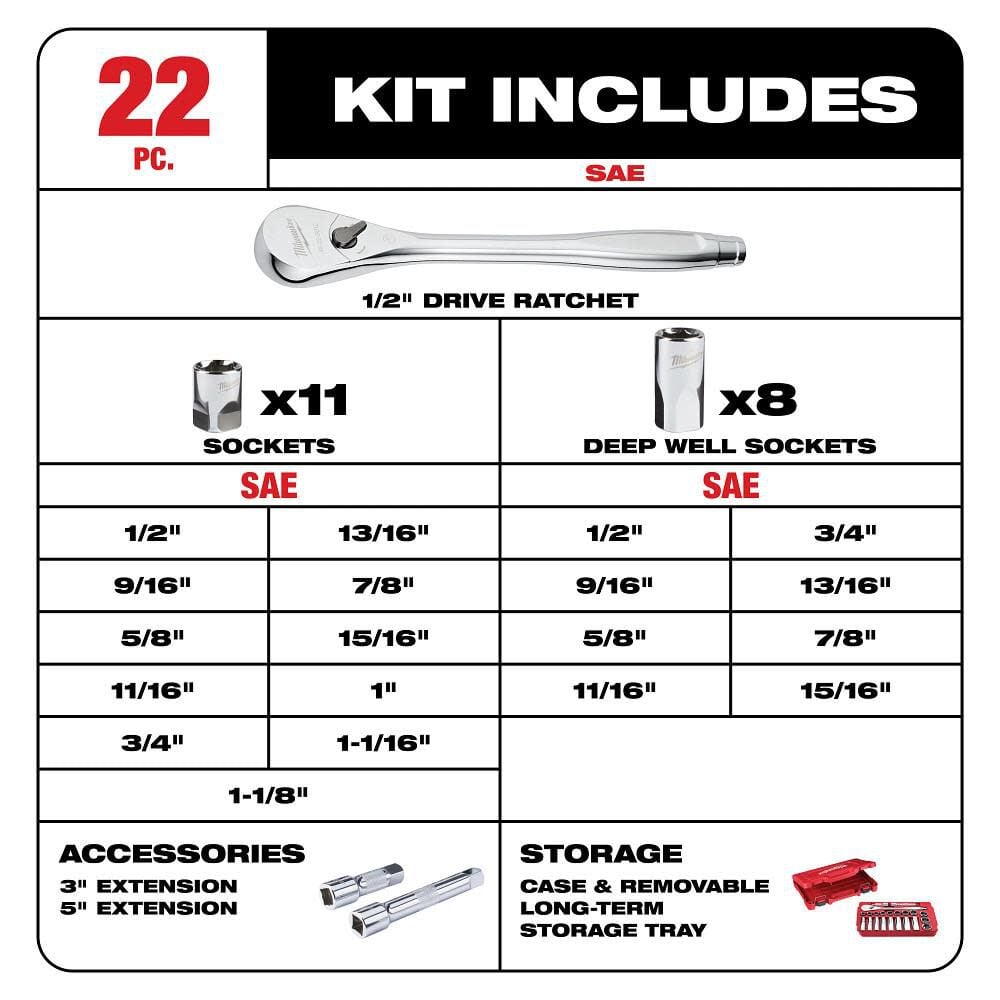 Milwaukee 22 Pc 1 2 In Socket Wrench Set Sae 48 22 9410 - Image 2