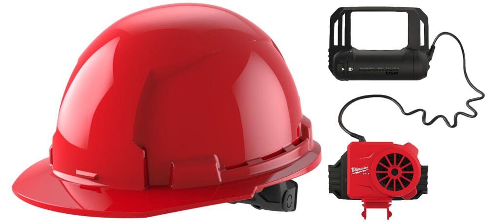 Milwaukee Red Front Brim Hard Hat with 6pt Ratcheting Suspension Type 1 Class E & BOLT USB Cooling Fan Bundle, large image number 1