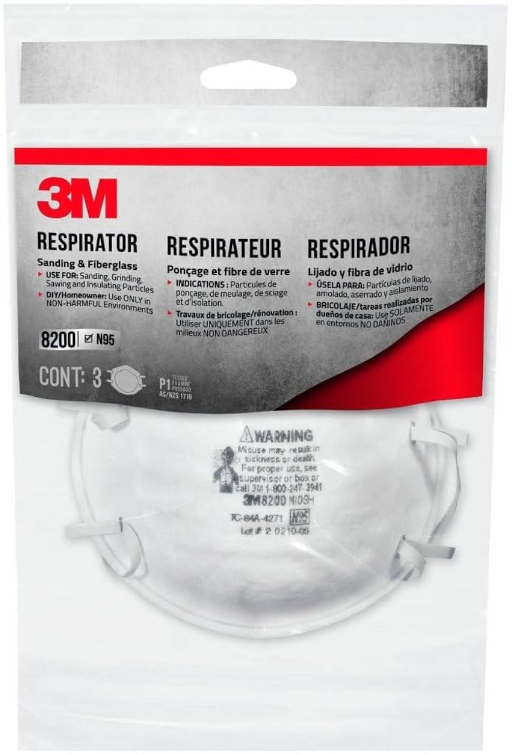 3M 8200 White N95 Sanding and Fiberglass Respirator, 3 Pieces, large image number 1