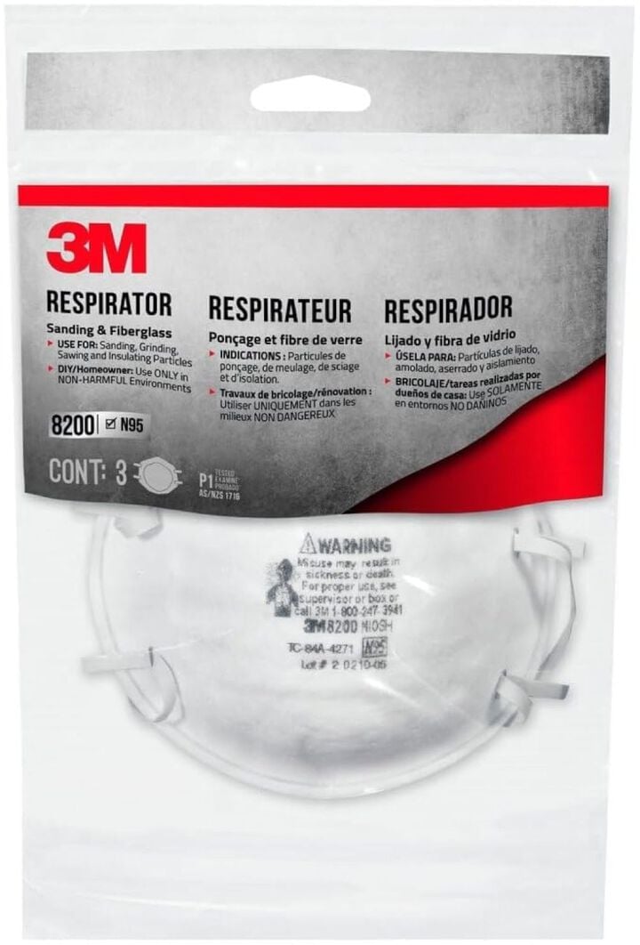 3M 8200 White N95 Sanding and Fiberglass Respirator, 3 Pieces