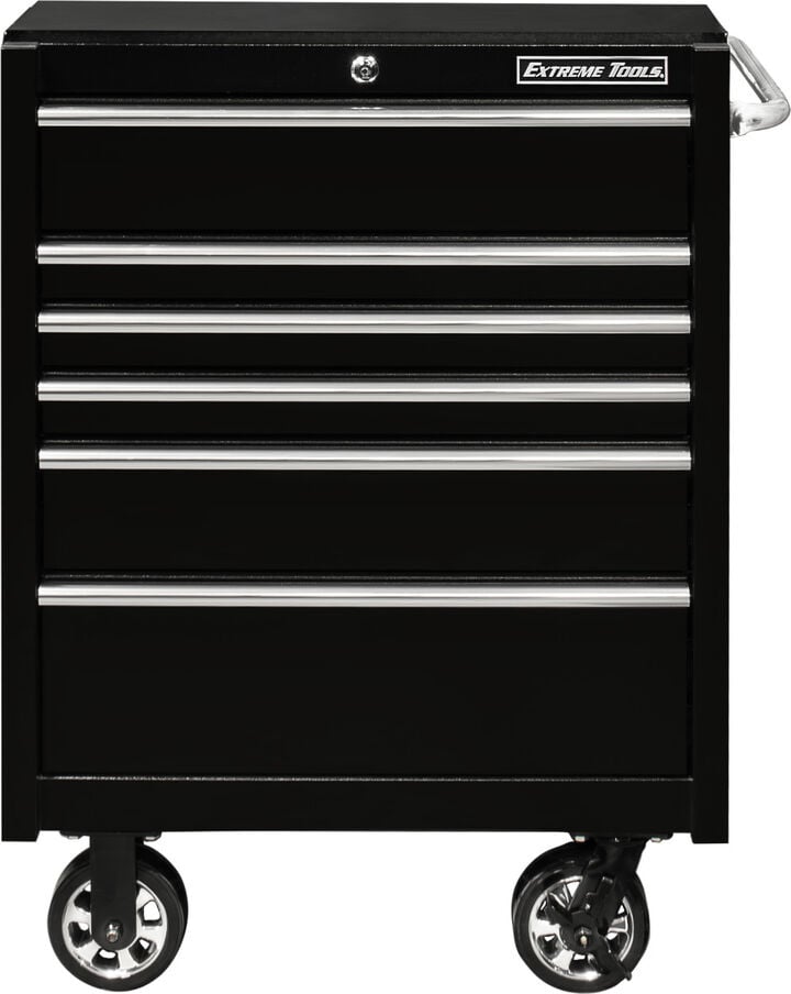 Extreme Tools PWS Series 30 Inch W x 25 Inch D x 42.5 Inch H 6 Drawer Roller Cabinet 100 lbs Slides Textured Black with Chrome Drawer Pulls