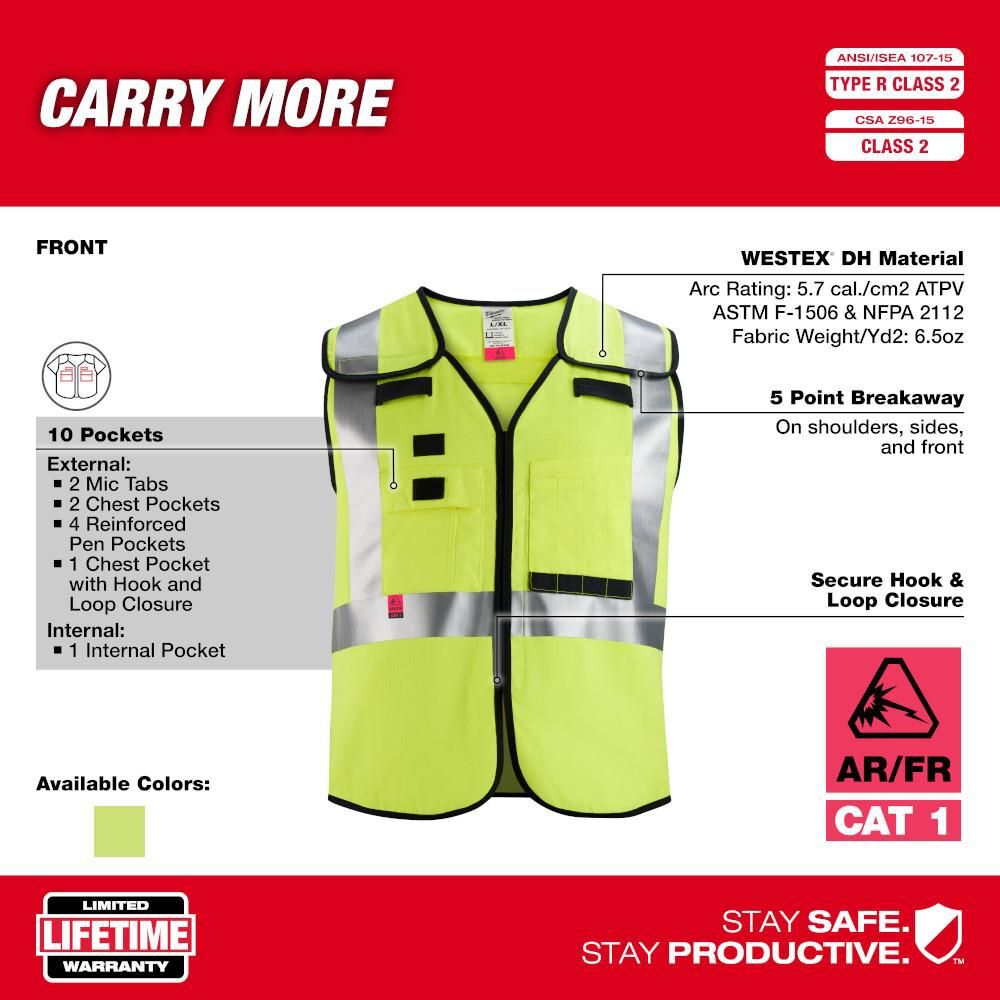 Milwaukee High Vis Safety Vest Yellow Class 2 Breakaway AR/FR Cat 1 S/M, large image number 3
