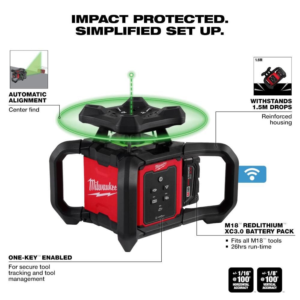 Milwaukee M18 Green Interior Rotary Laser Level Kit with Remote/Receiver & Wall Mount Bracket, large image number 2