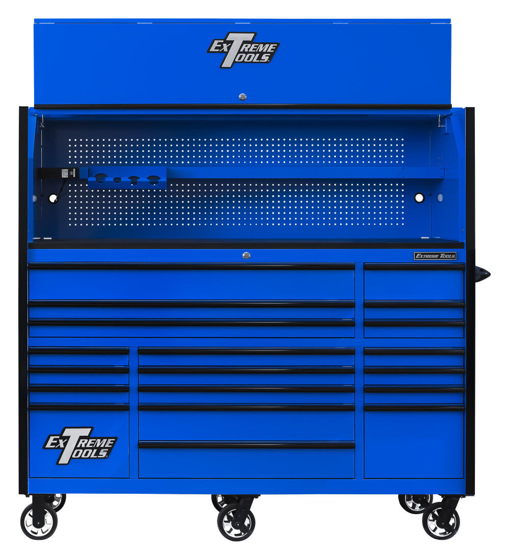 Extreme Tools RX Series 72 Inch W x 30 Inch D Professional Extreme Power Workstation Hutch & 19 Drawer Roller Cabinet 250 lbs Slides Combo Blue with Black Drawer Pulls, large image number 1