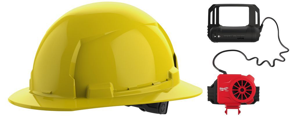 Milwaukee BOLT Yellow Full Brim Hard Hat with 6pt Ratcheting Suspension Type 1 Class E & USB Cooling Fan Bundle, large image number 1