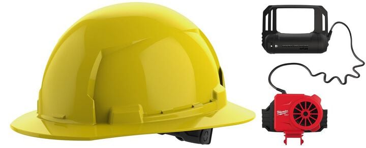 Milwaukee BOLT Yellow Full Brim Hard Hat with 6pt Ratcheting Suspension Type 1 Class E & USB Cooling Fan Bundle