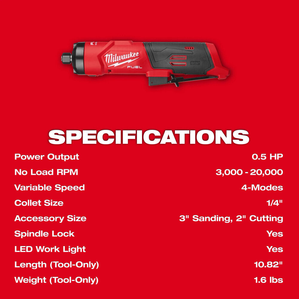 Milwaukee M12 FUEL 1/4 Inch Straight Die Grinder (Bare Tool) and M18 FUEL 4-1/2inch / 5inch Grinder Paddle Switch No-Lock (Bare Tool) Bundle, large image number 9
