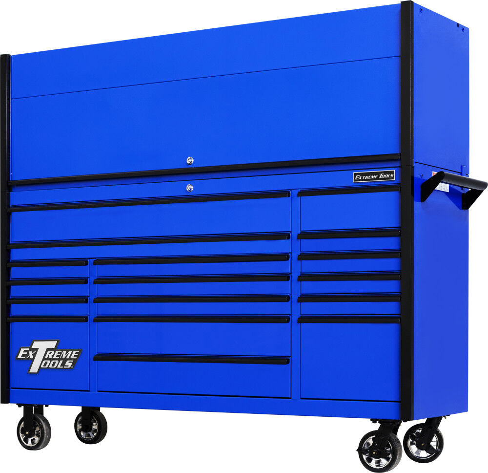 Extreme Tools DX Series 72 Inch W x 21 Inch D Extreme Power Workstation Hutch and 17 Drawer Roller Cabinet Combo with Black Drawer Pulls - DX7218HRUK