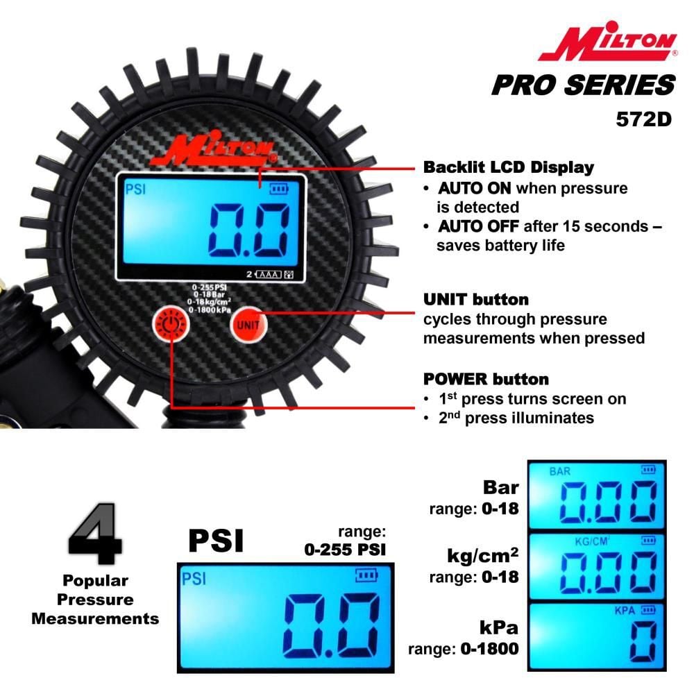 Milton 572D Pro Digital Pistol Grip Inflator Gauge - 36in Hose and Kwik Grip Safety Chuck - 255 PSI, large image number 3