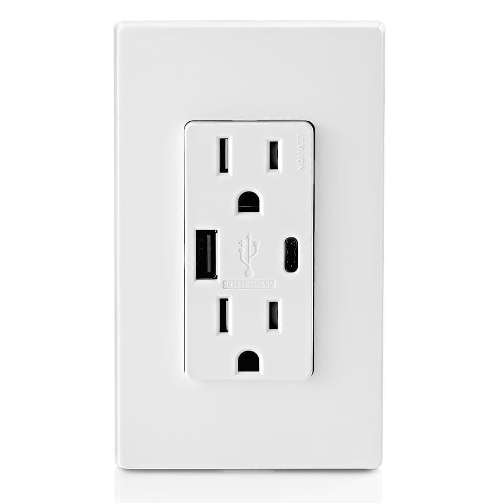 Leviton Outlet with USB Type A/C Charger 15A 125V 5-15R White, large image number 3