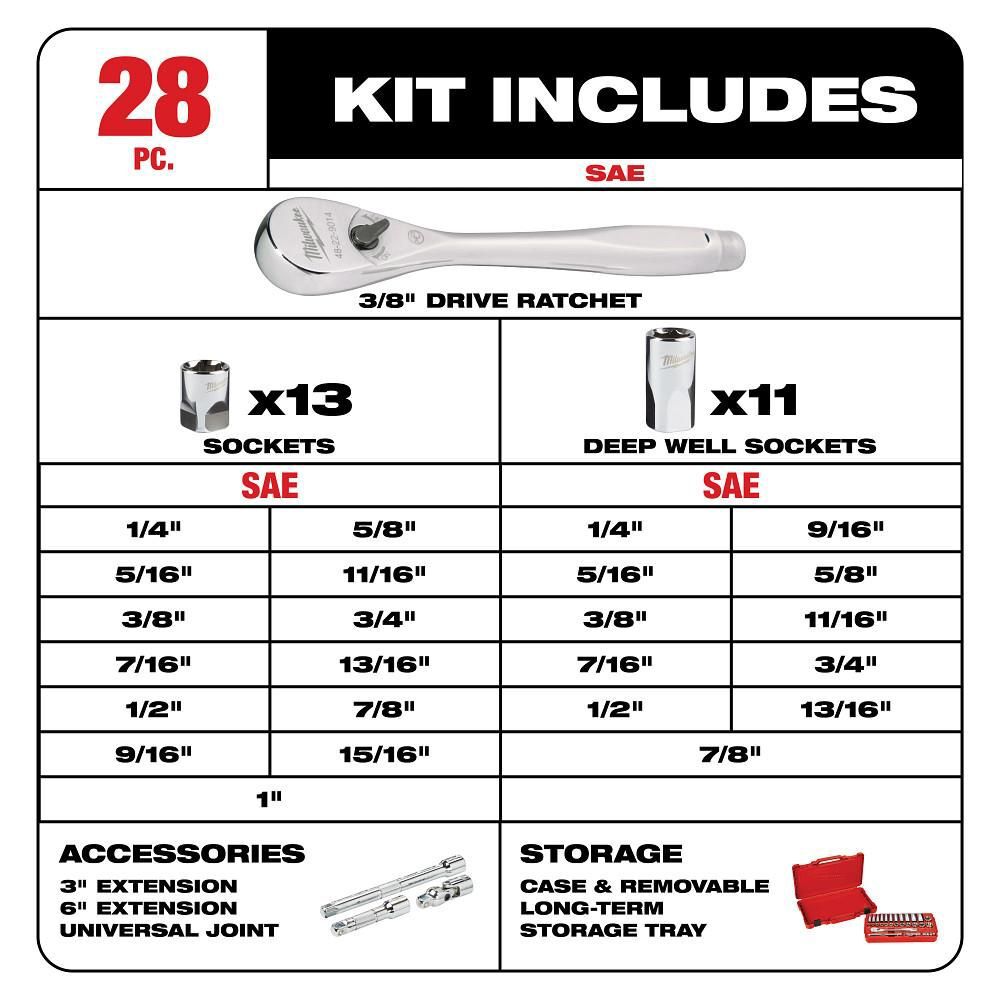 Milwaukee 3/8 in. Drive 28 pc. Ratchet & Socket Set- SAE, large image number 2