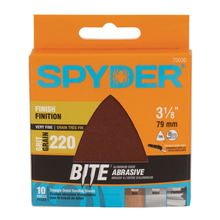 Spyder Detail Sander, 220 Grit Alum Oxide, Hook & Loop, 3-1/8 Inch Mouse, 10 Pieces