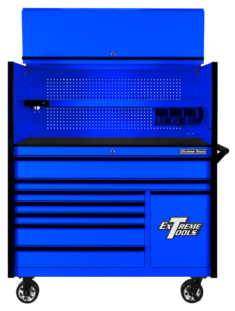 Extreme Tools DX Series 55 Inch W x 25 Inch D Extreme Power Workstation Hutch and 8 Drawer Roller Cabinet with Power Tool Drawer Blue with Black Drawer Pulls, large image number 1