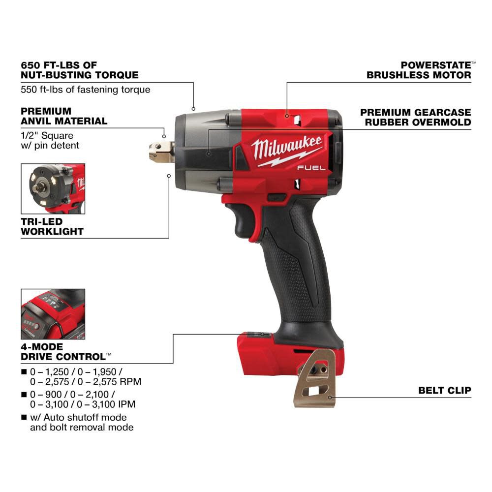 Milwaukee M18 Fuel 1 2 Mid Torque Impact Wrench With Pin Detent Bare Tool 2962p 20 - Image 3
