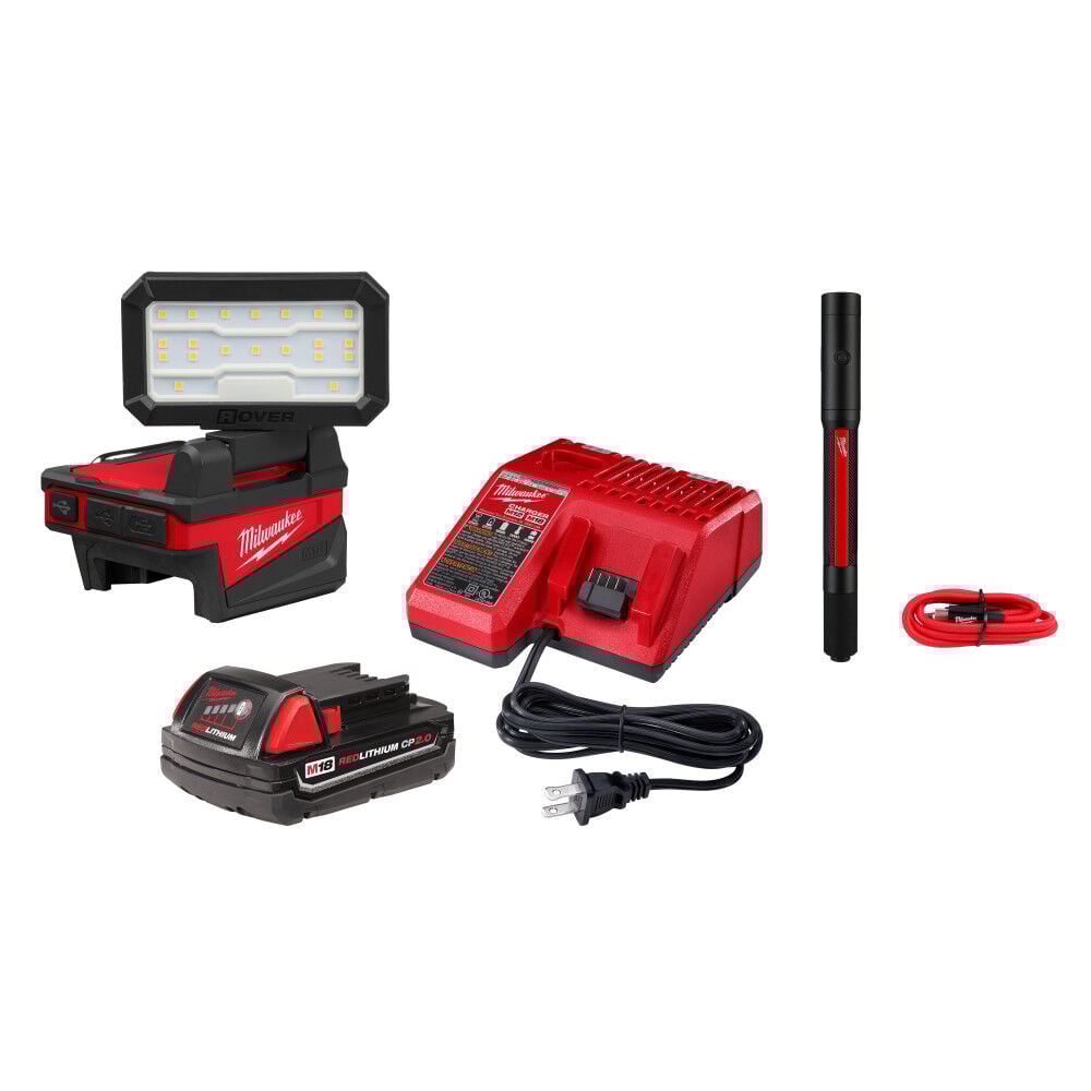 Milwaukee M18 ROVER Compact Folding Flood Light and Rechargeable 250L Penlight with Laser Combo Kit - 2359-21PEN