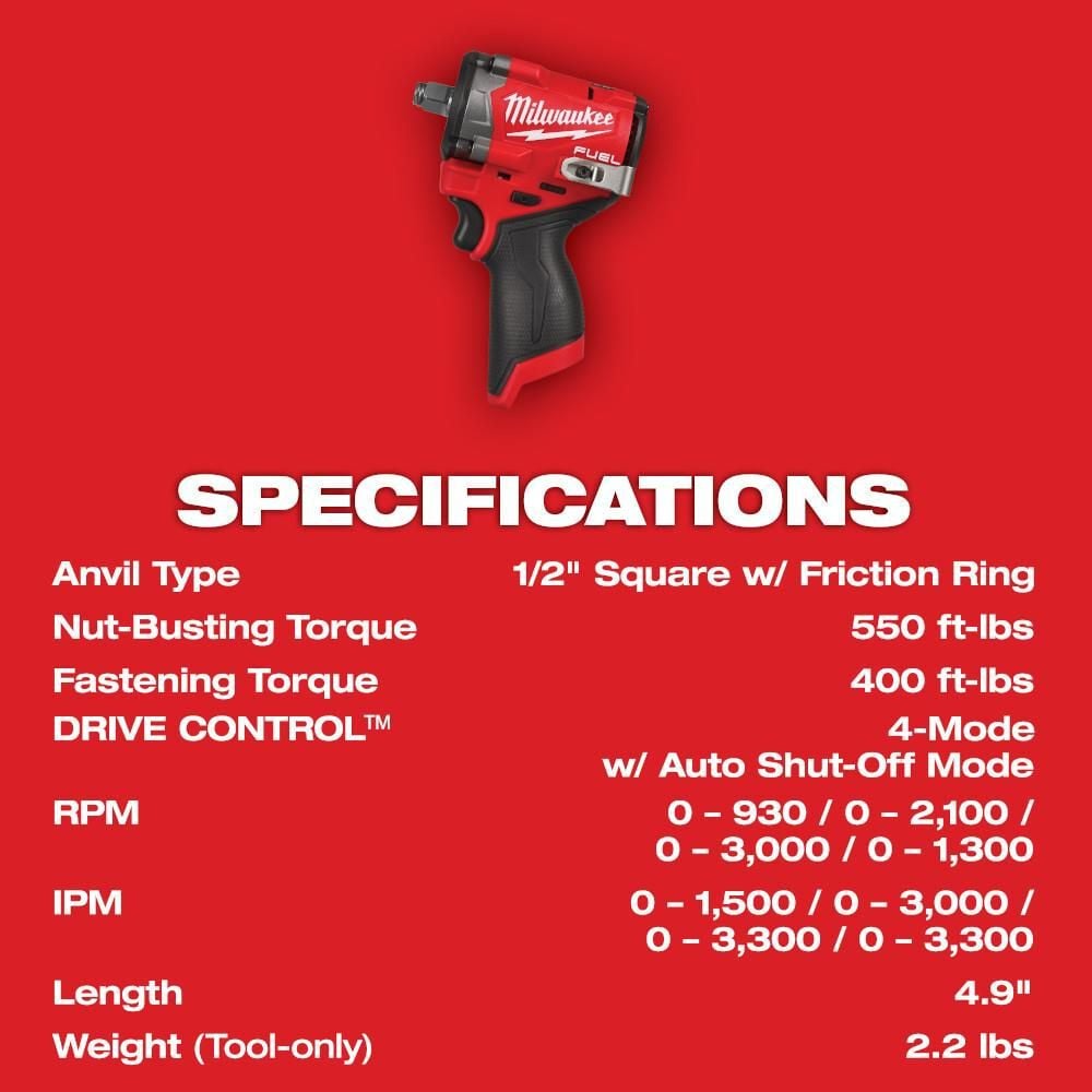 Milwaukee M12 FUEL Stubby 1/2 Inch Impact Wrench (Bare Tool), large image number 7
