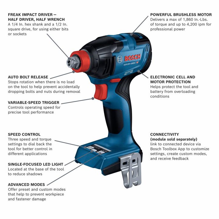 Bosch Promotional 18V Impact Driver Connected Ready Freak Two In One 1/4in & 1/2in (Bare Tool), large image number 12
