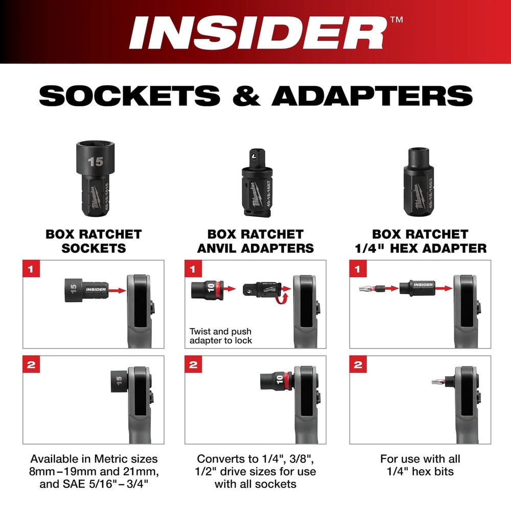 Milwaukee INSIDER Box Ratchet 1/4 Inch Anvil Adapter and INSIDER Box Ratchet 3/8 Inch Anvil Adapter Bundle, large image number 11