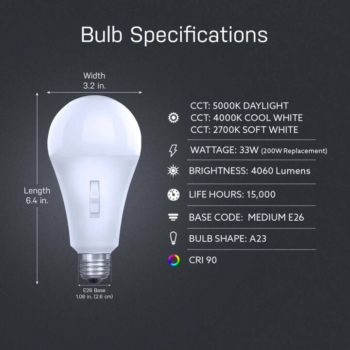 Feit Electric 33W 4060 Lumens E26 Base A23 Color Selectable LED Bulb, large image number 11
