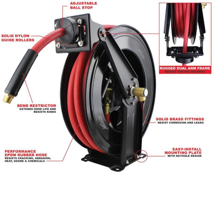 Milton 2760-50D - Steel Dual Arm Auto-Retractable Air Hose Reel 3/8in x 50 ft. Rubber Hose - 300 Max PSI, large image number 3