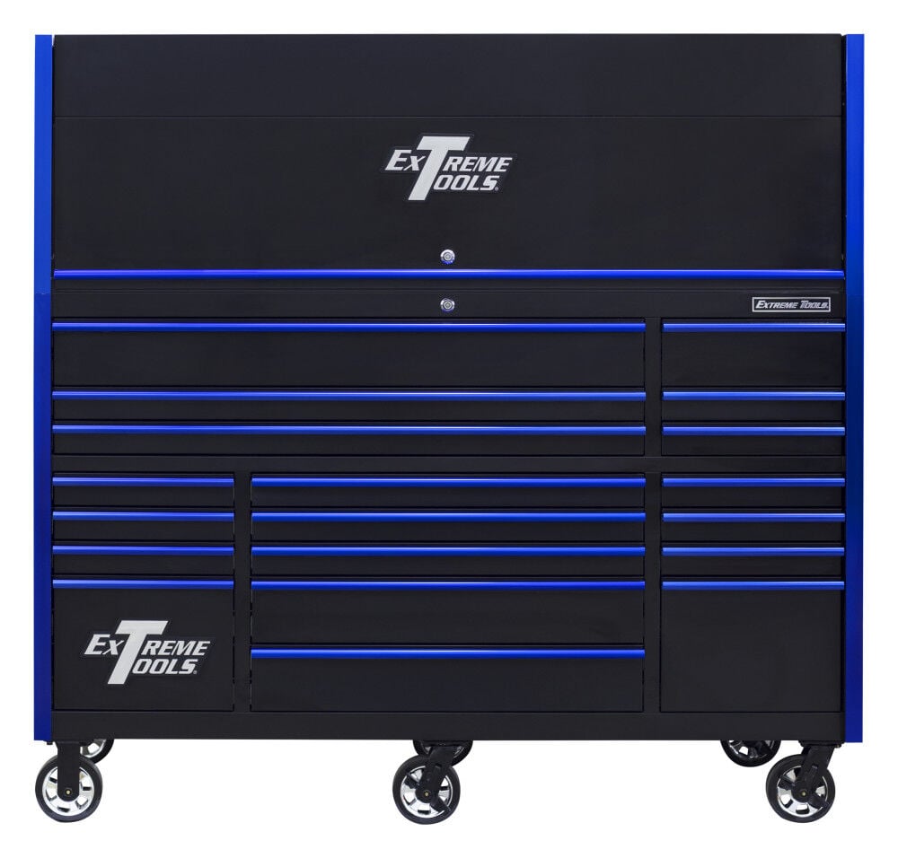 This Extreme Tools Professional Hutch and 19-Drawer Roller Cabinet Combo with 250-lb. capacity drawer slides creates a convenient, organized work