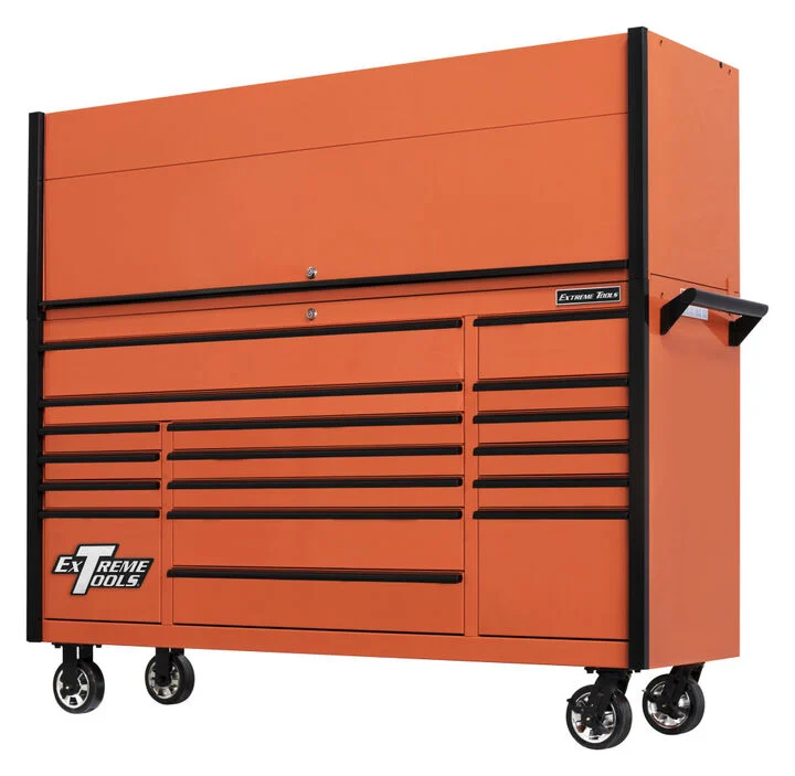 Extreme Tools DX Series 72 Inch W x 21 Inch D Extreme Power Workstation Hutch and 17 Drawer Roller Cabinet Combo Orange with Black Drawer Pulls