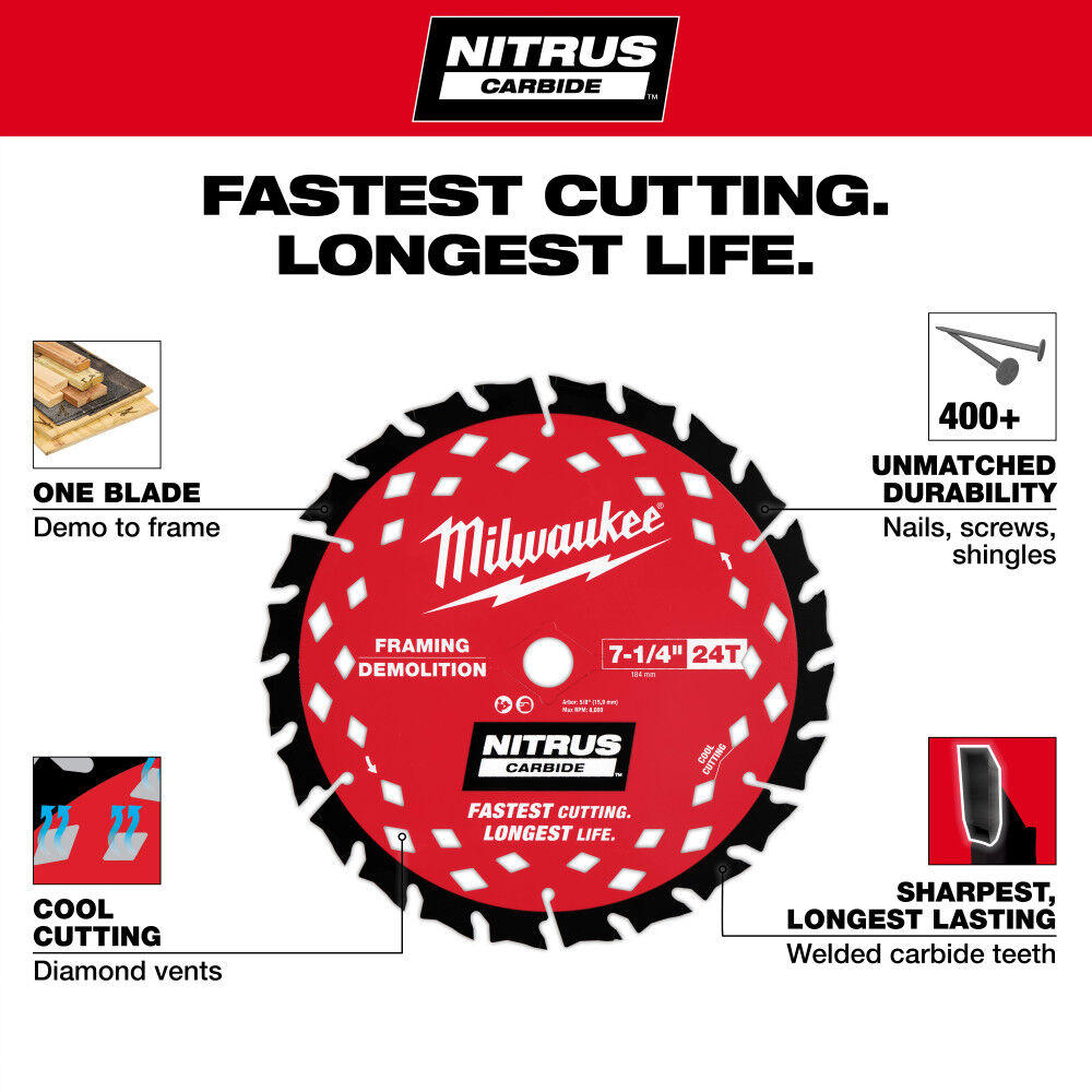 Milwaukee 7-1/4 Inch 24T NITRUS Carbide Framing and Demolition Circular Saw Blade, 2 Pieces, large image number 8