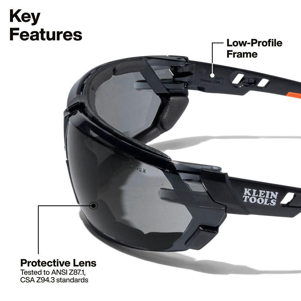 Klein Tools Low-Profile Gasket Safety Glasses Black and Orange Frame with Gray Lens, large image number 2