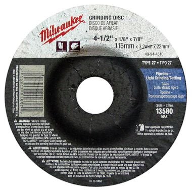 Milwaukee 4-1/2 in. x 1/8 in. x 7/8 in. Grinding Wheel (Type 27), large image number 0
