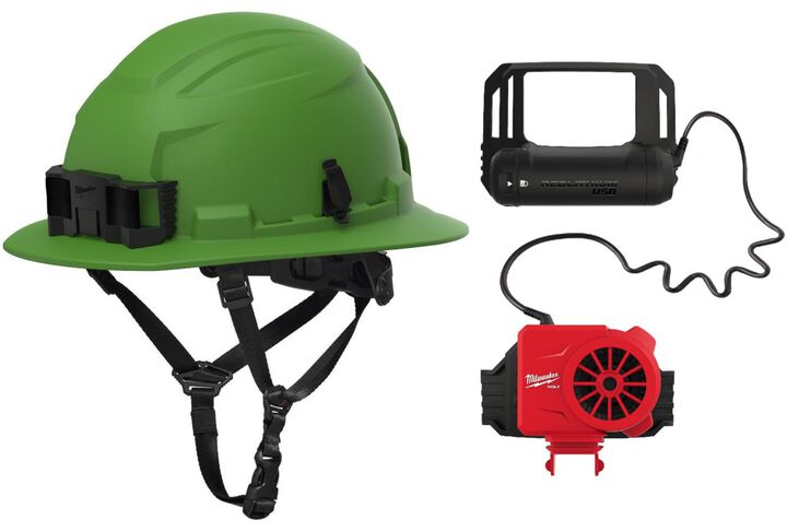 Milwaukee BOLT Full Brim Safety Helmet Type 2 Class E & USB Cooling Fan, swatch