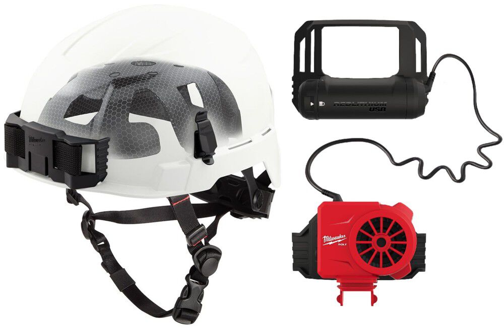 Milwaukee BOLT White Safety Helmet with IMPACT ARMOR Liner Type 2 Class E & USB Cooling Fan Bundle - MIL000011836