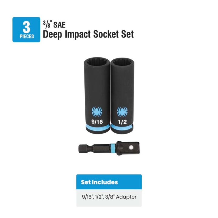 Spyder 3/8 Inch Drive Deep SAE Impact Socket Set with Adapter, 3 Pieces, large image number 6