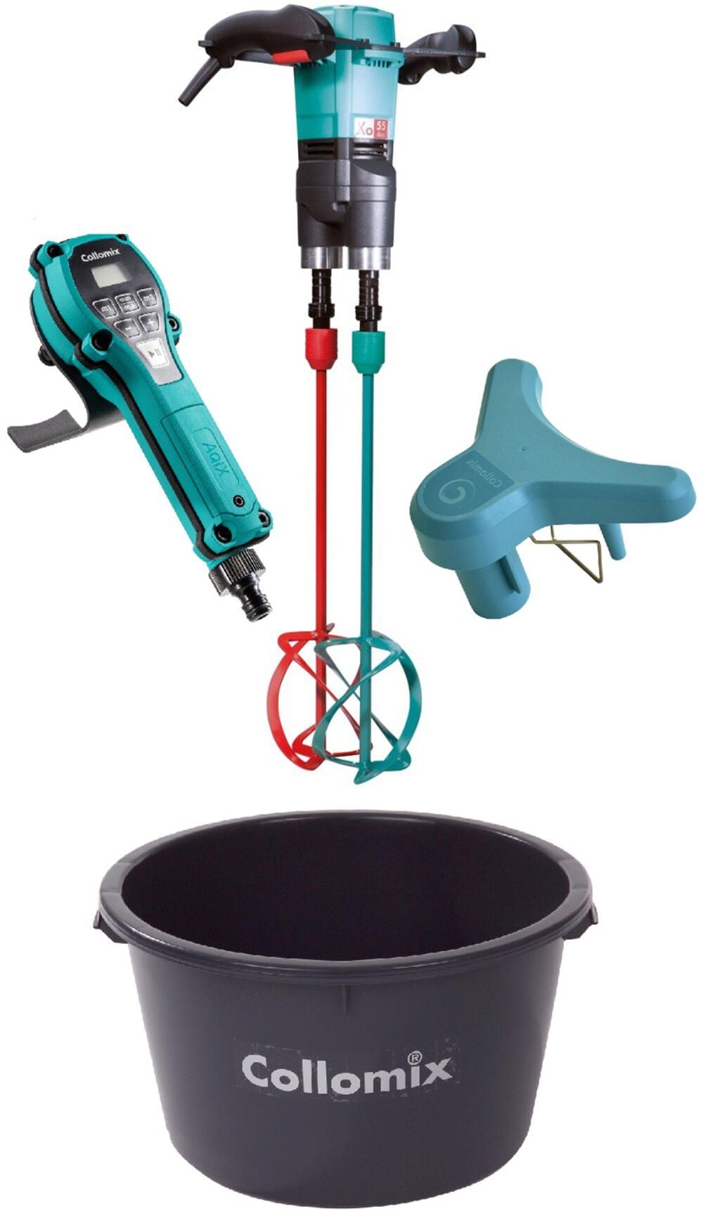 Collomix Double Paddle Power Mixer Heavy Duty 17 Gallon Bucket  Water Dosing Instrument & Dust Extraction Device for Mixing Buckets Bundle, large image number 1