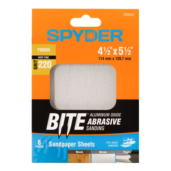 Spyder 8-Sheets Alum Oxide 220 Grit Sandpaper with Stearate, 4.5 x 5.5 Inch