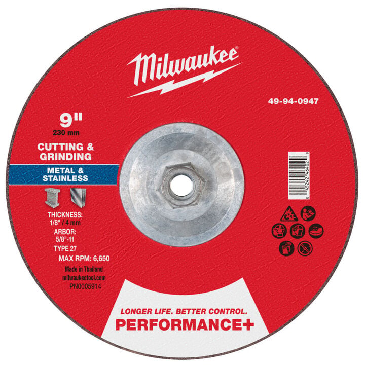 Milwaukee 9 Inch x 1/8 Inch x 5/8 Inch-11 Performance+ Dual Metal Cut & Grind Wheel Type 27