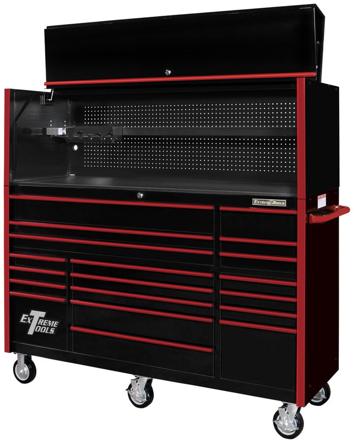 Extreme Tools RX Series 72 Inch W x 25 Inch D Professional Extreme Power Workstation Hutch & 19 Drawer Roller Cabinet 150 lbs Slides Combo Black with Red Drawer Pulls, large image number 3