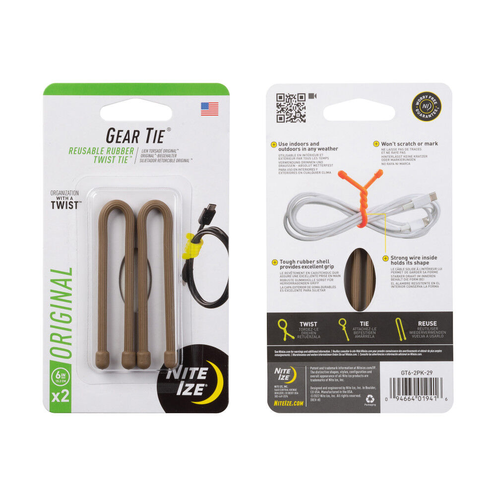 Nite Ize Gear Tie Reusable Rubber Twist Tie 6in 2pk Coyote
