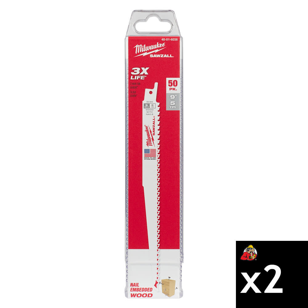 Milwaukee 9 Inch 5 TPI SAWZALL Blade Bundle, 100 Pieces - 48-01-6036