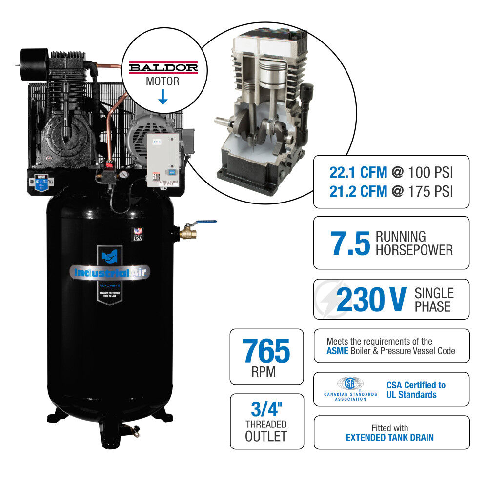 Industrial Air Compressor 7.5 HP Single Phase 230V 80 Gallon Two Stage, large image number 2