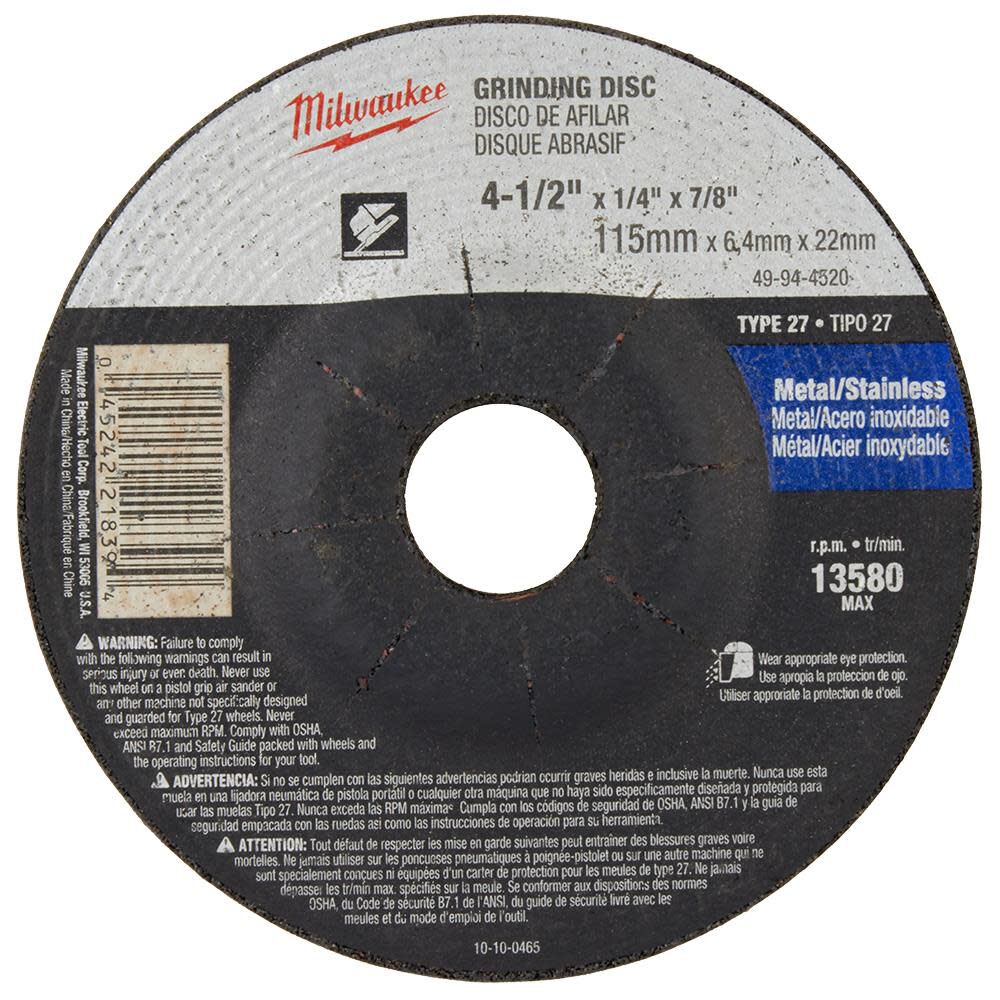 Milwaukee 4-1/2 in. x 1/4 in. x 7/8 in. Grinding Wheel (Type 27), large image number 1