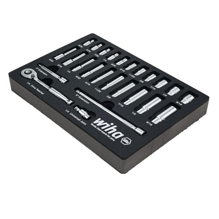 Wiha 1/4 Inch Drive Professional Standard & Deep Socket Tray Set, SAE, 25 Pieces, large image number 1