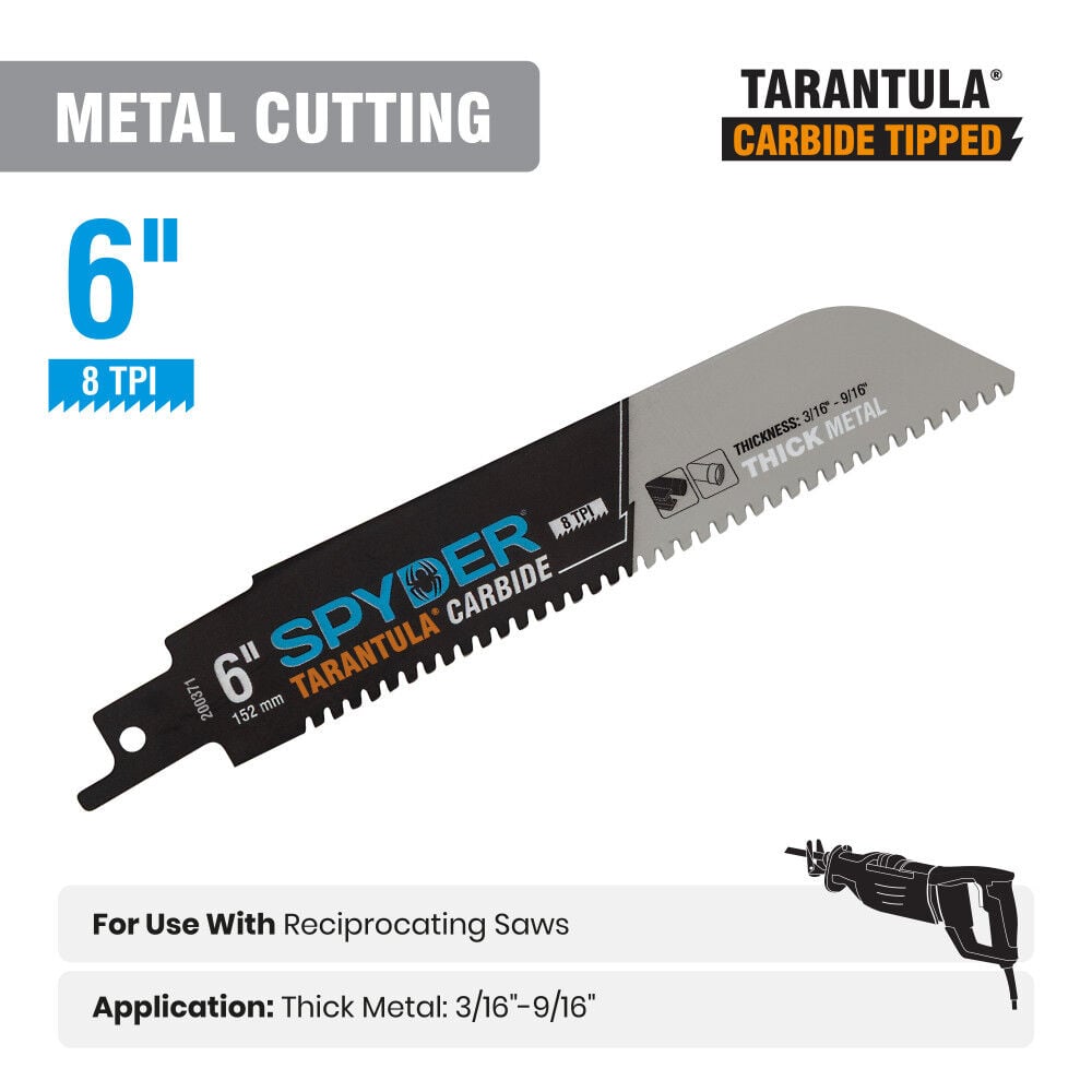 Spyder 6 Inch 8 TPI Metal Cutting Carbide Toothed Reciprocating Saw Blade, large image number 3