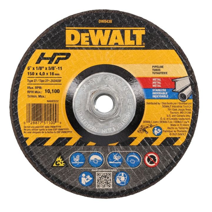 DEWALT 6 In. x 1/8 In. x 5/8 In. to 11 High Performance Pipeline Wheel