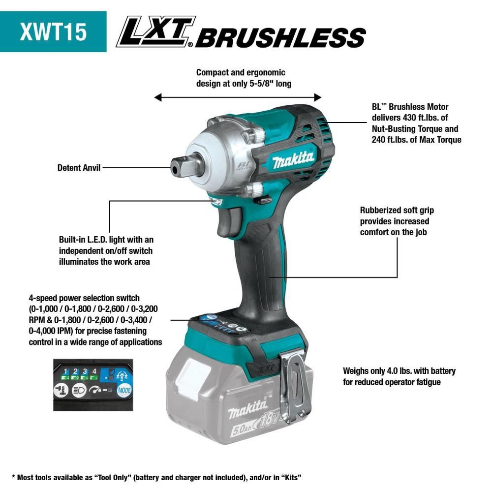 Makita Promotional 18V LXT Utility Impact Wrench with Detent Anvil Lithium Ion Brushless Cordless 4-Speed 1/2" Sq. Drive (Bare Tool), large image number 8