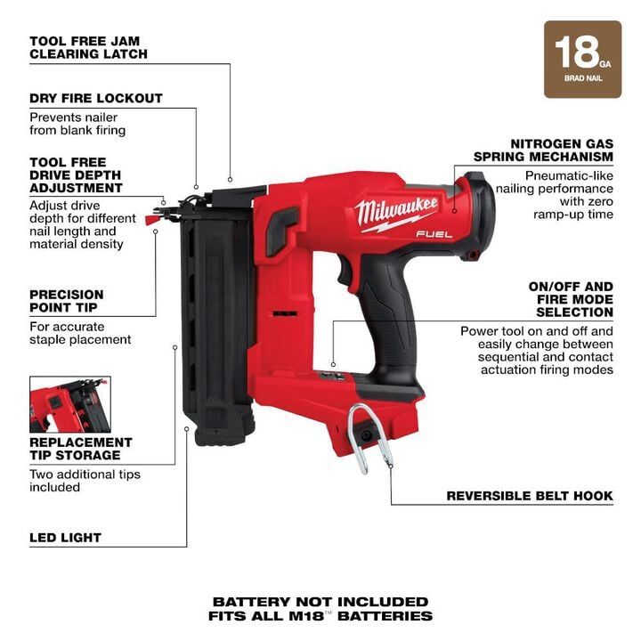 Milwaukee M18 FUEL 18 Gauge Brad Nailer No Mar Pad Set of 3 & 2.0Ah Compact Battery Pack Bundle, large image number 7
